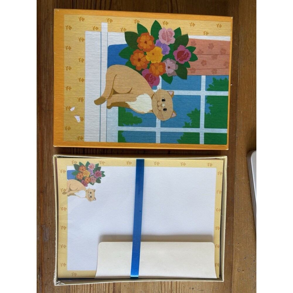 Vintage 1983 American Greetings Boxed Stationary Set Cat Windowsill NOS COMPLETE